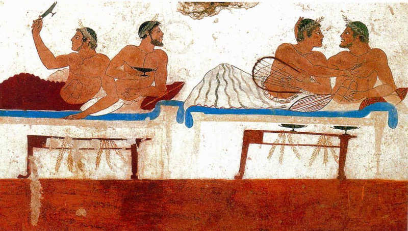 (Scène de banquet (vers 480-490 av. J.-C.). Fresque de la tombe du plongeur à Paestum (Italie). Détail de la fresque dite des amants.)